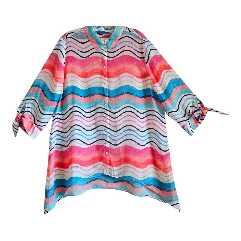 CHICO'S 2 Women's L Blouse Watercolor Artsy Wavy Stripes 3/4 Tie Sleeve 44"